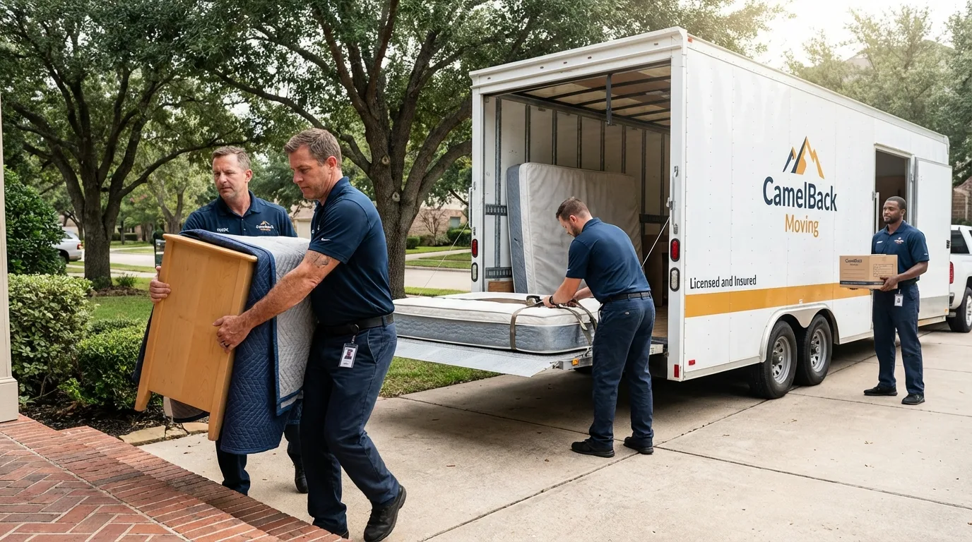 Crew loading residential truck for cross-state move from Dysart, IA