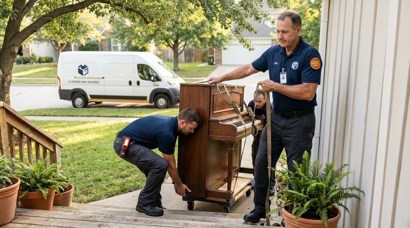 Licensed piano movers securing grand piano in Dysart, IA