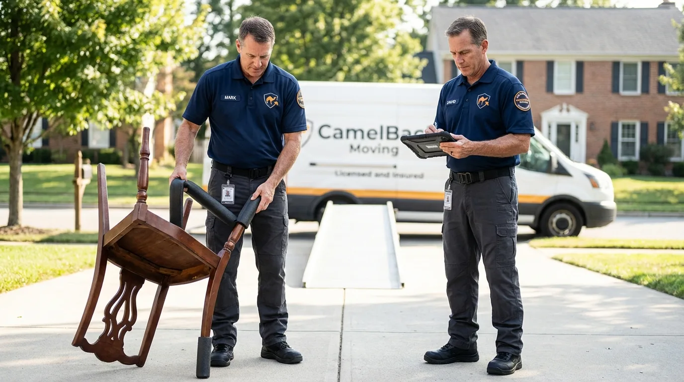 Movers inspecting furniture for damage prevention before loading in Dysart, IA