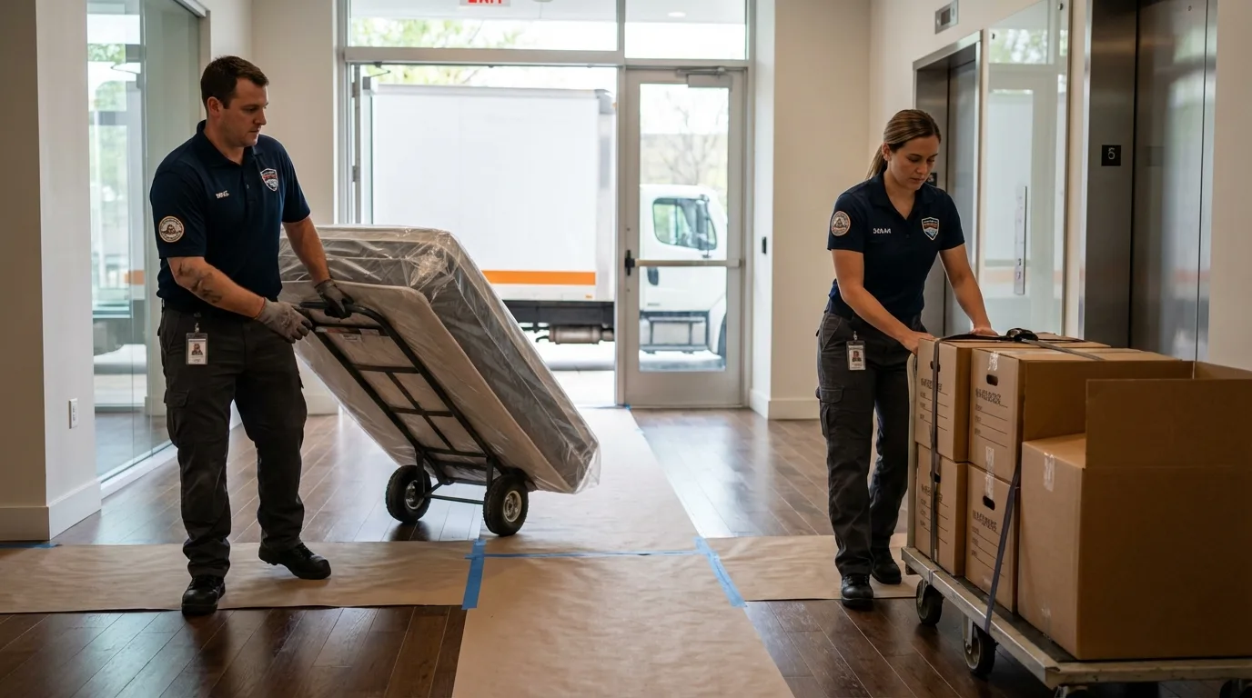 Professional apartment movers loading elevator in Dysart, IA