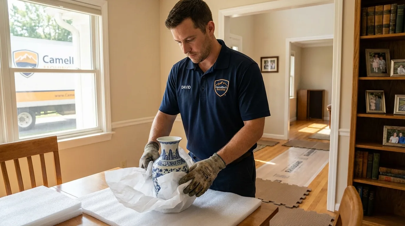 Professional crew carefully wrapping antique vase for senior downsizing move in Dysart, IA